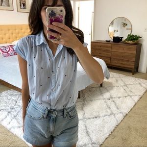 Blue and White Striped Cap Sleeve Button Down XS